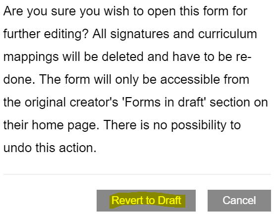 Revert to draft confirmation warning with the revert to draft button highlighted