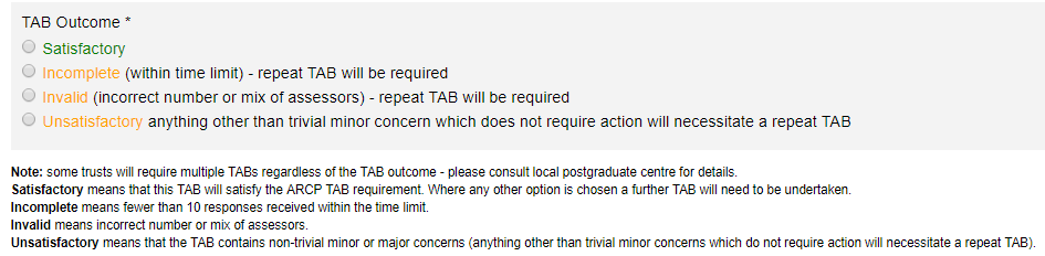 Possible TAB outcomes that can be chosen from when completing the TAB summary form