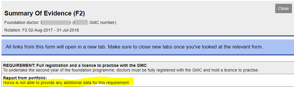 Summary of evidence with 'Not able to provide additional data for requirement' highlighted