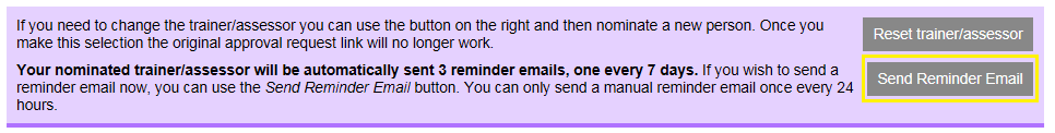 This image shows the awaiting signature banner with the send reminder email button highlighted