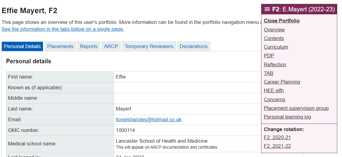 The portfolio navigation menu for admins and trainers