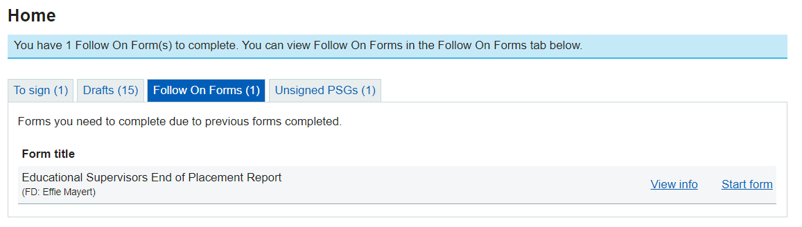 Example list of Follow on Forms shown on the Home page