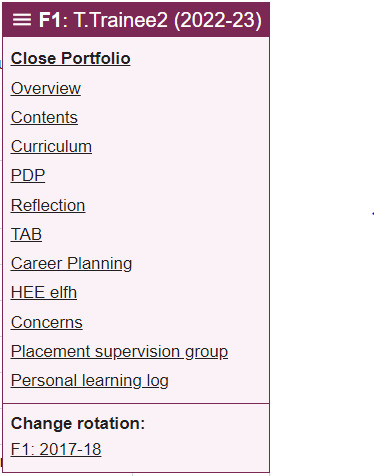 Rotation selection menu for admins/trainers, including portfolio navigation