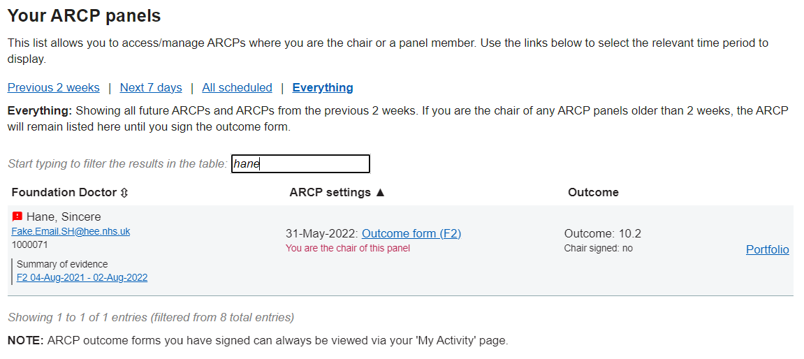 This image shows concerns on the ARCP panels page for a Trainer