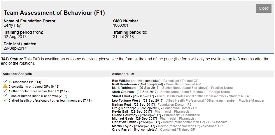 Example of assessors shown on TAB results report